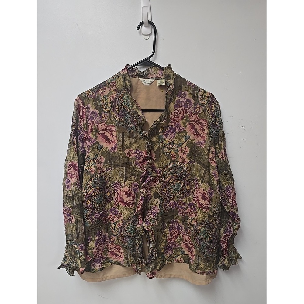 Vtg Laura Ashley Green Floral Silk Artsy Whimsygoth Preppy Top Womans Size 20W